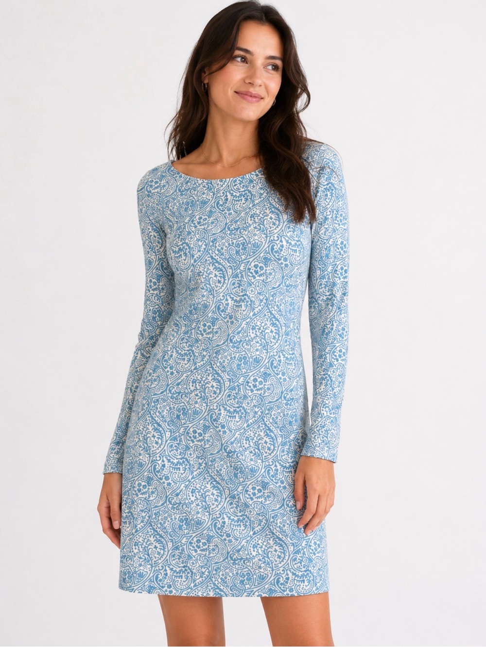 Boden Light Blue Paisley Long-Sleeve Shift Dress